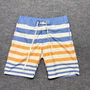 Merona Swim Trunks Mens Small Blue Yellow Stripe‎ Drawstring Pockets Liner